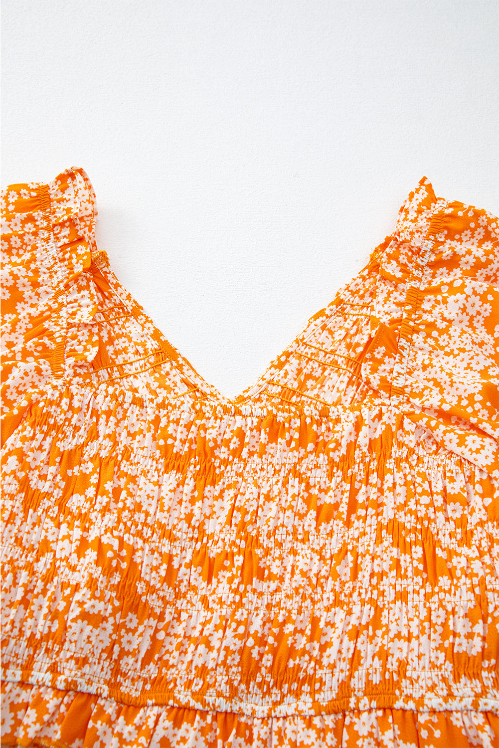 Orange Floral Print Smocked V Neck Bell Sleeve Maxi Dress