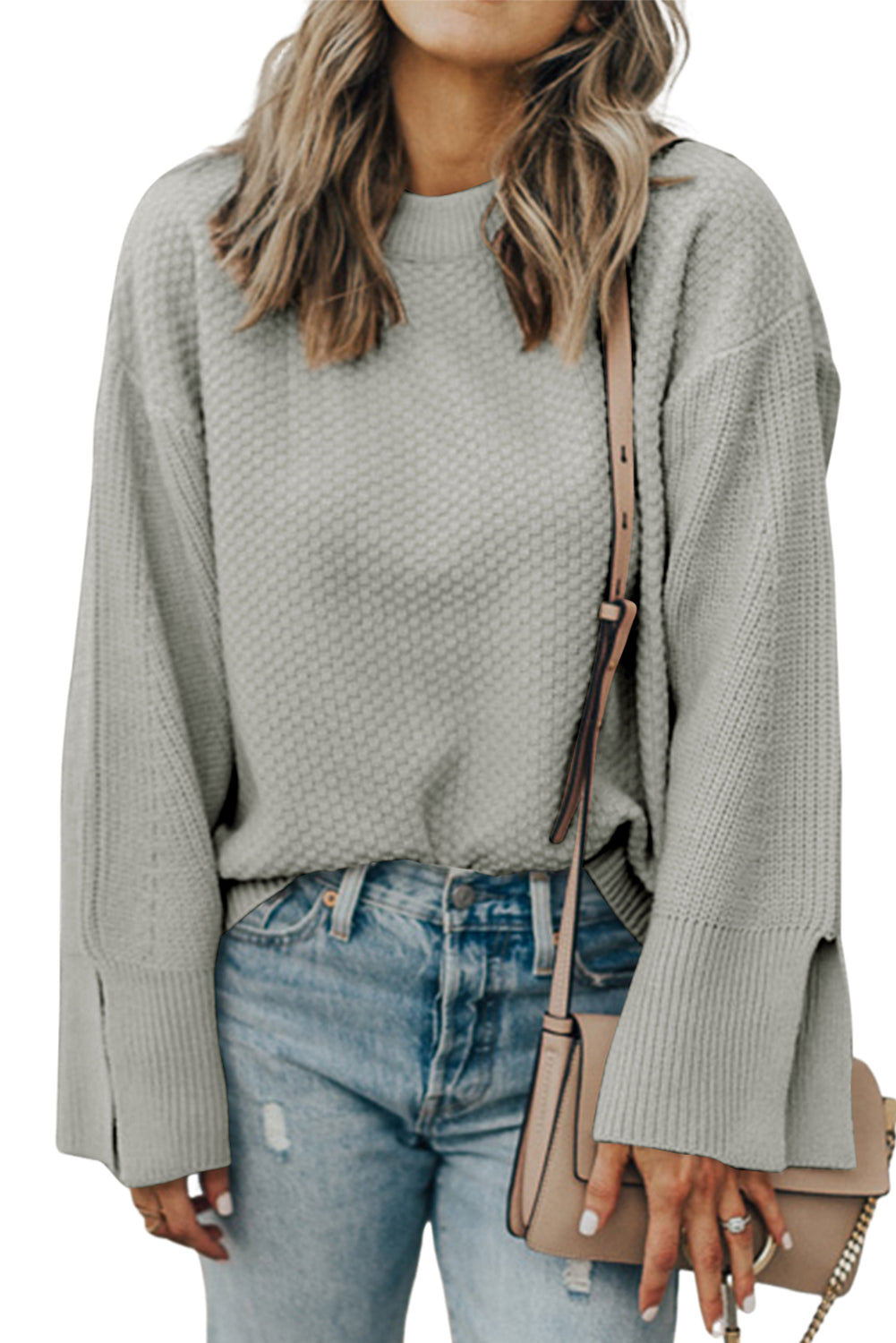 Gray Textured Knit Split Cuff Drop Shoulder Loose Sweater