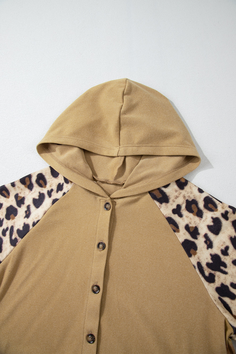 Light Beige Leopard Patchwork Raglan Sleeve Half Buttons Hoodie