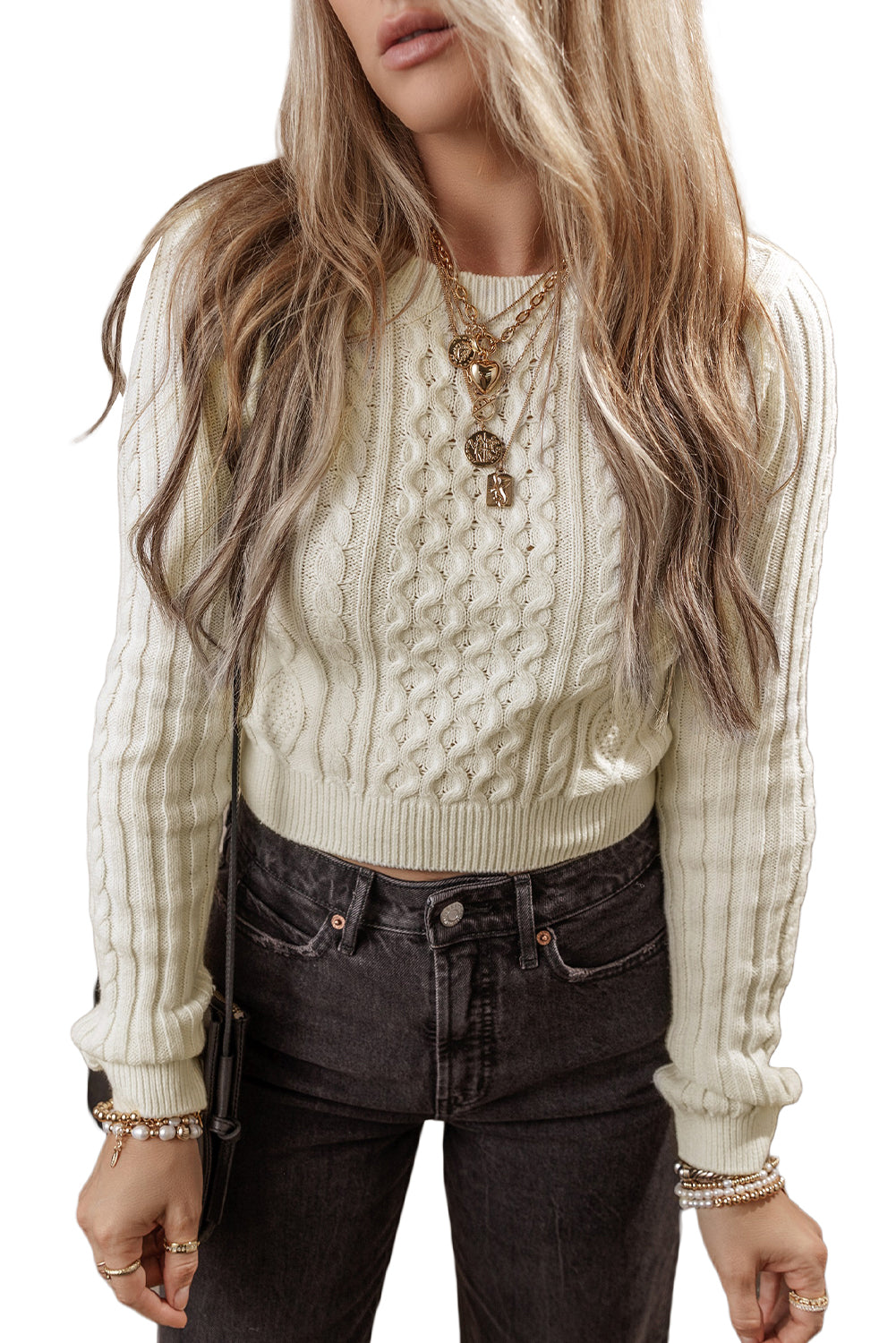 White Solid Color Cable Knit Cropped Sweater