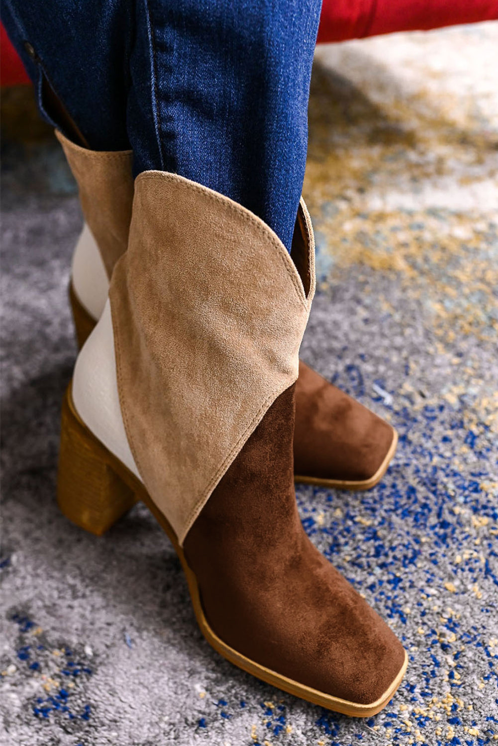 Black Colorblock Suede Heeled Ankle Booties