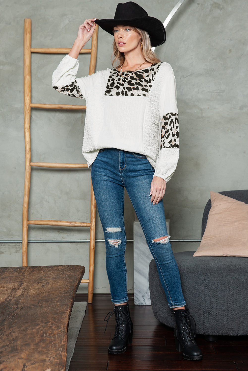 Leopard Print Textured Color Block Pullover Long Sleeve Top