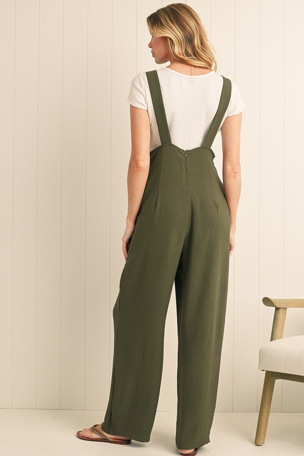 Jungle Green Solid Color Button Straight Leg Overall