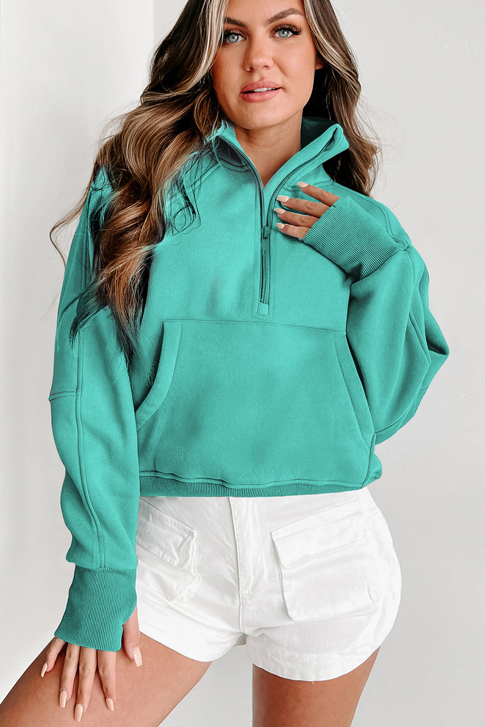 Green Zip Up Stand Collar Ribbed Thumbhole Sleeve Sweatshirt