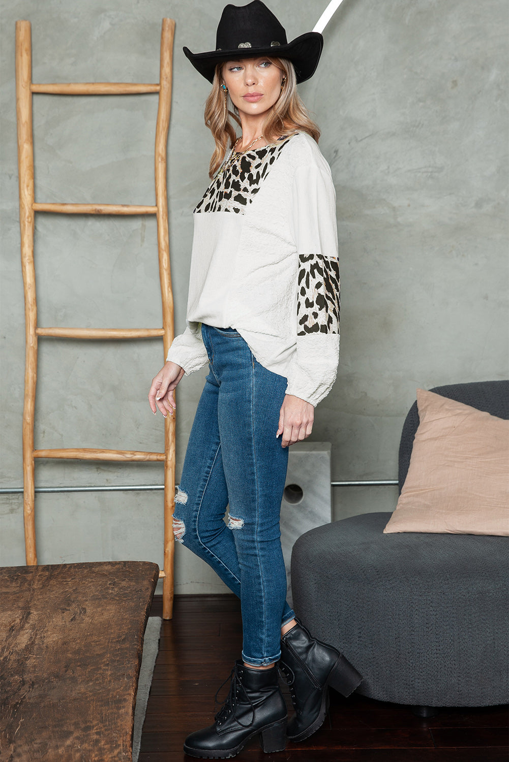 Leopard Print Textured Color Block Pullover Long Sleeve Top