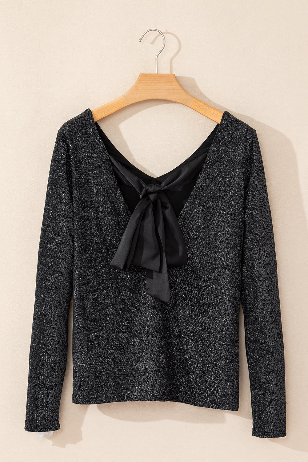 Black Metallic Bowknot Backless V Neck Top