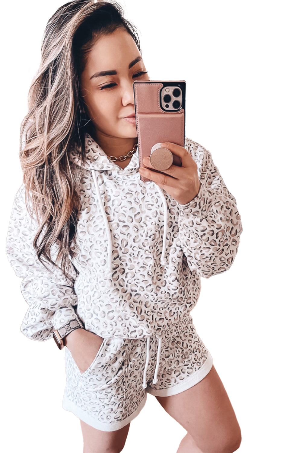 White Leopard Print Hoodie and Shorts Set