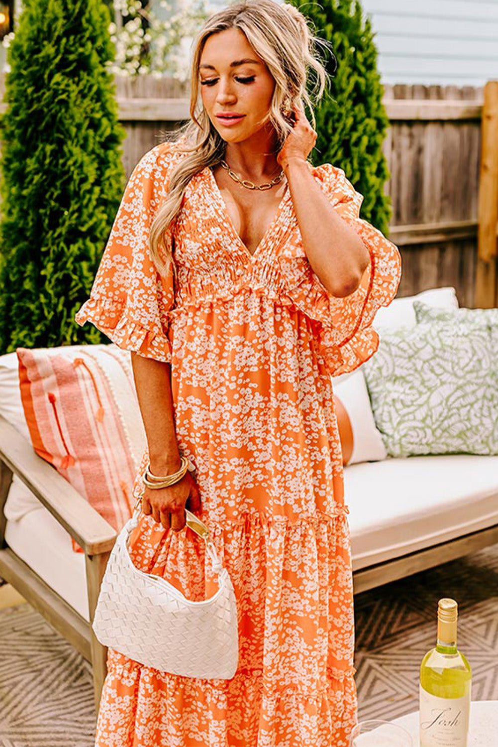 Orange Floral Print Smocked V Neck Bell Sleeve Maxi Dress