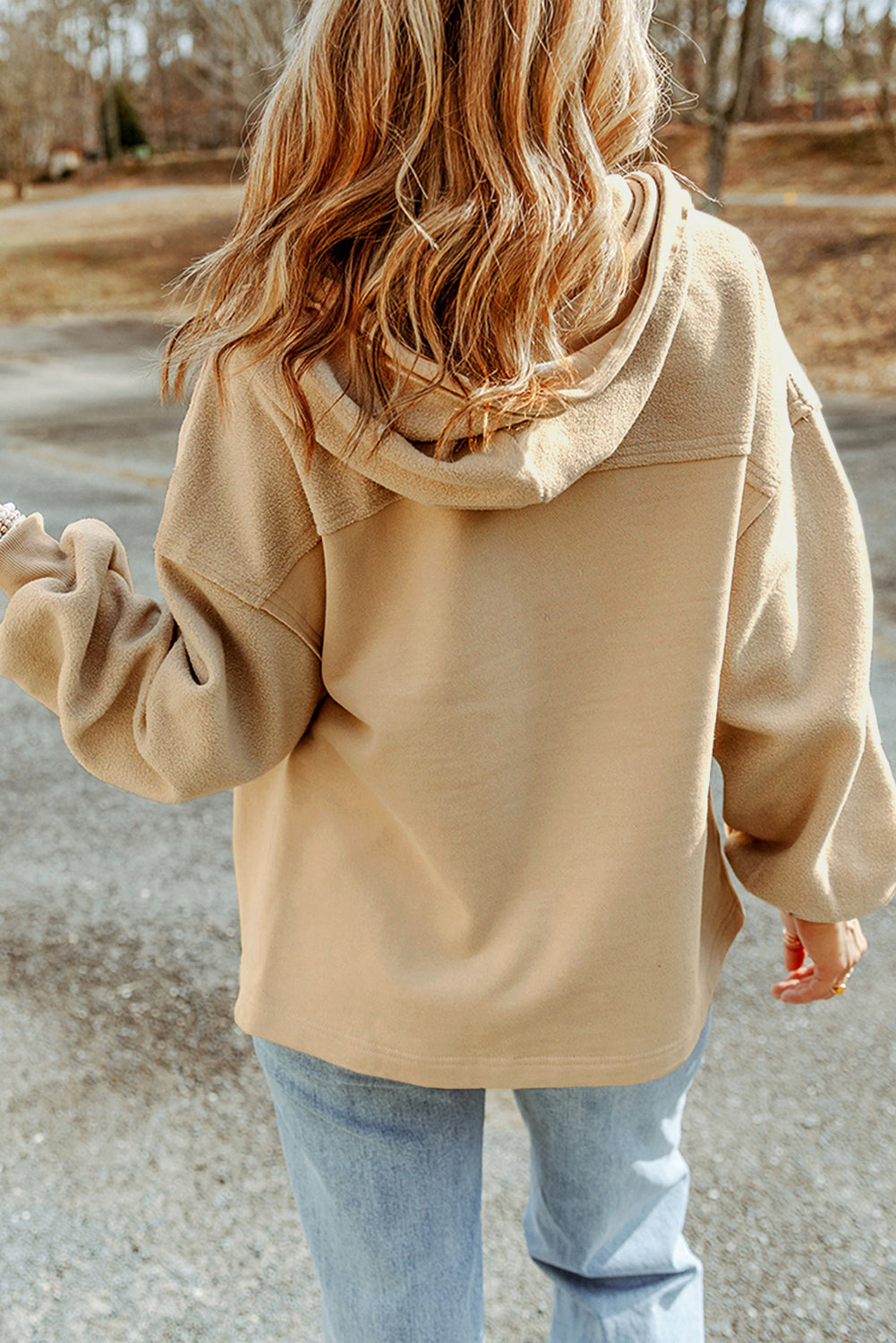 Tan Bishop Sleeve Zip Up Flap Pockets Hoodie Jacket