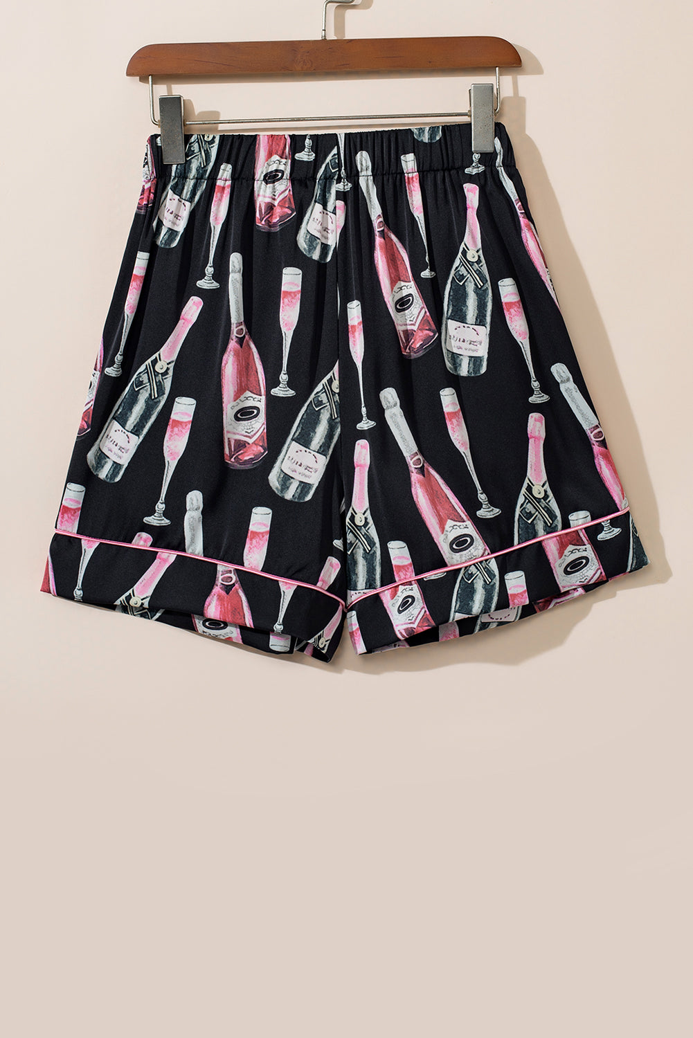 Black Champagne Print Silky Short Sleeve Pajamas Set