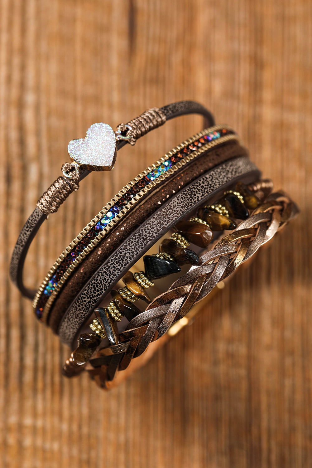 Brown Glittering Heart Accent Multi-layer Vintage PU Bracelet