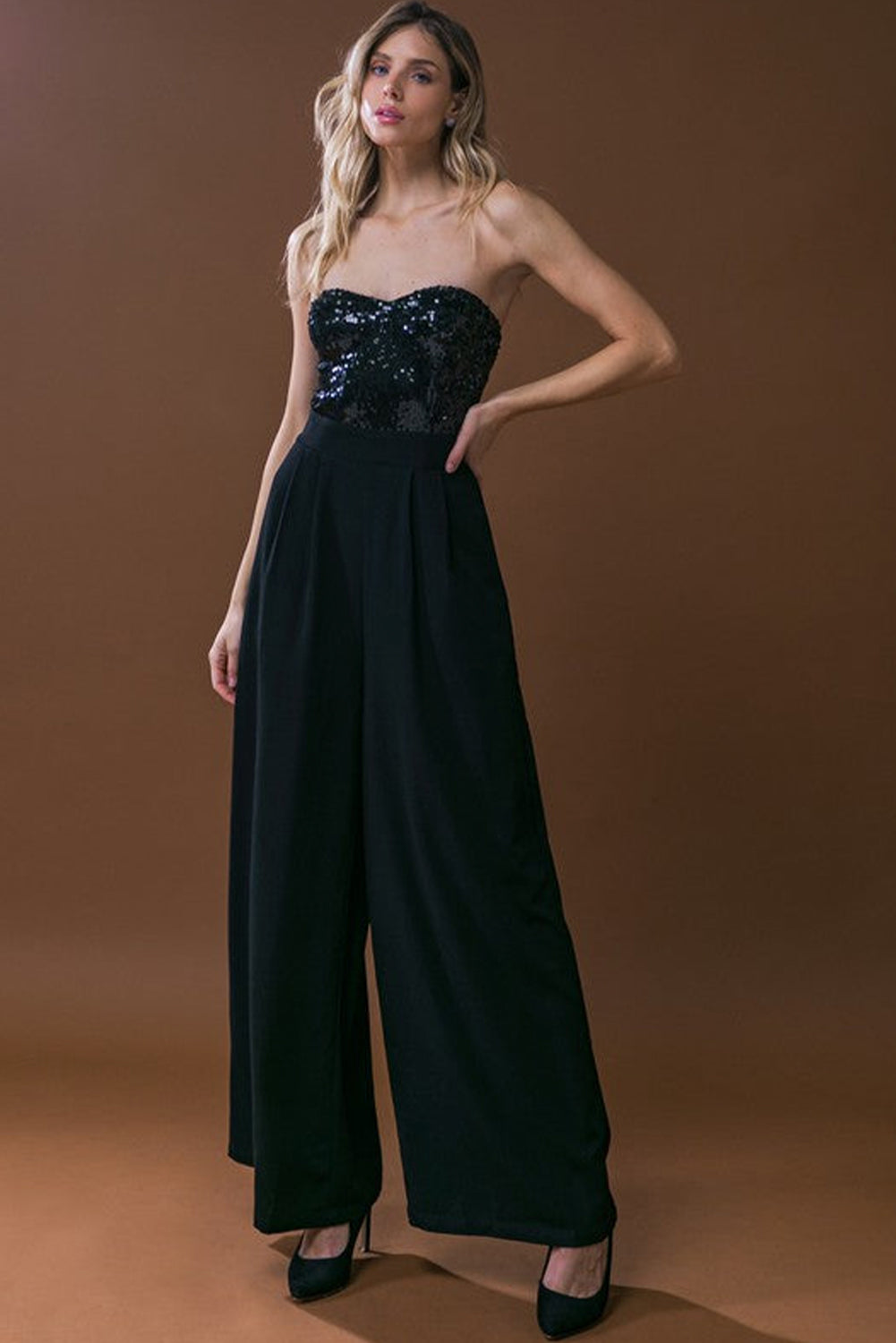 Black Sequin strapless Floor Length Wide Leg Jumpsuit