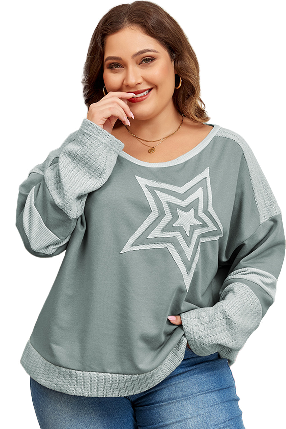 Mist Green Stars Patchwork Round Neck Plus Size Top