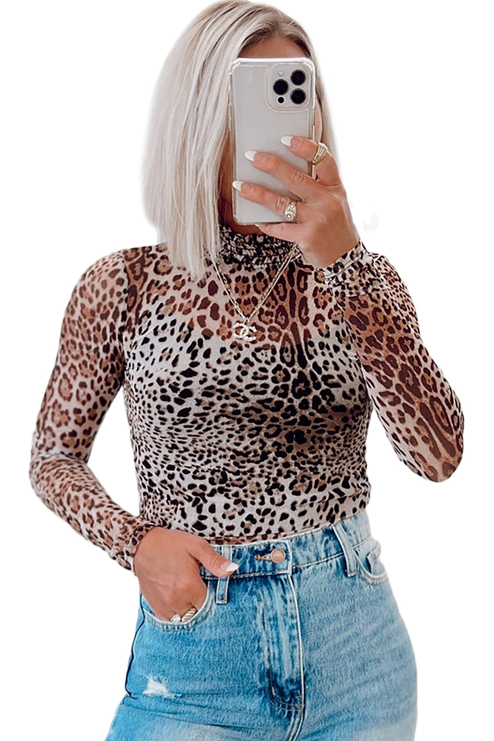 Brown Allover Leopard Print Smocked Neck Mesh Bodysuit