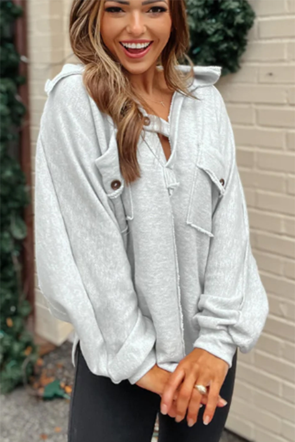 Gray Exposed Seam Pockets Oversized Sweatshirt