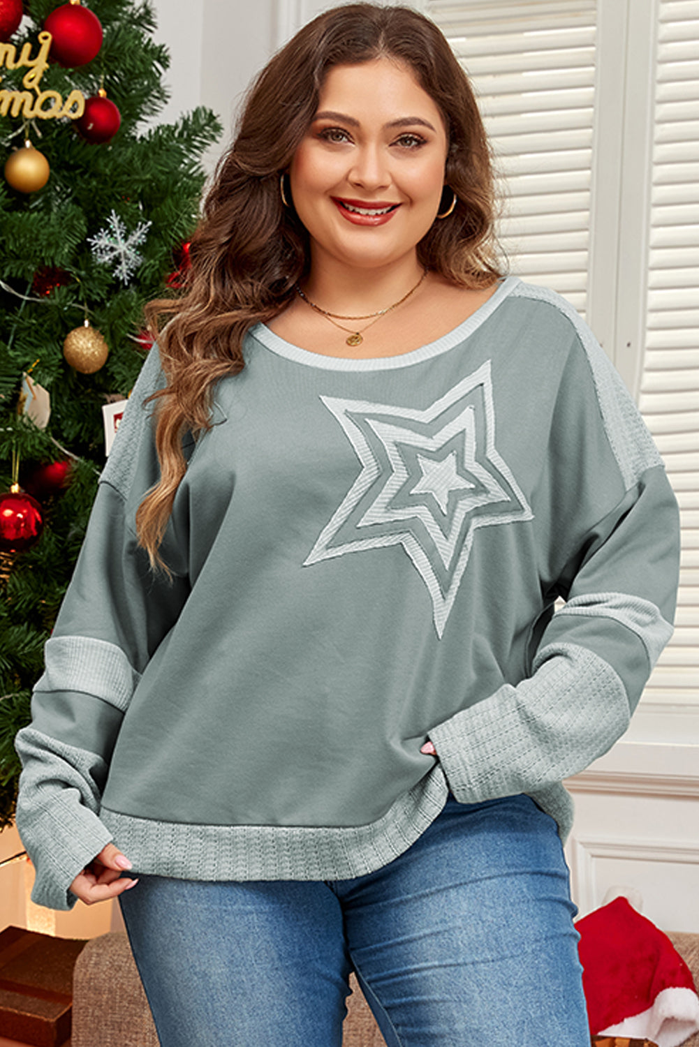 Mist Green Stars Patchwork Round Neck Plus Size Top