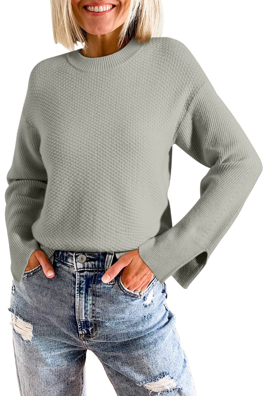 Gray Textured Knit Split Cuff Drop Shoulder Loose Sweater