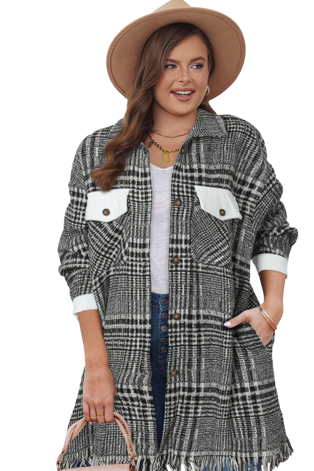 Black Plus Size Plaid Fringe Hem Midi Coat