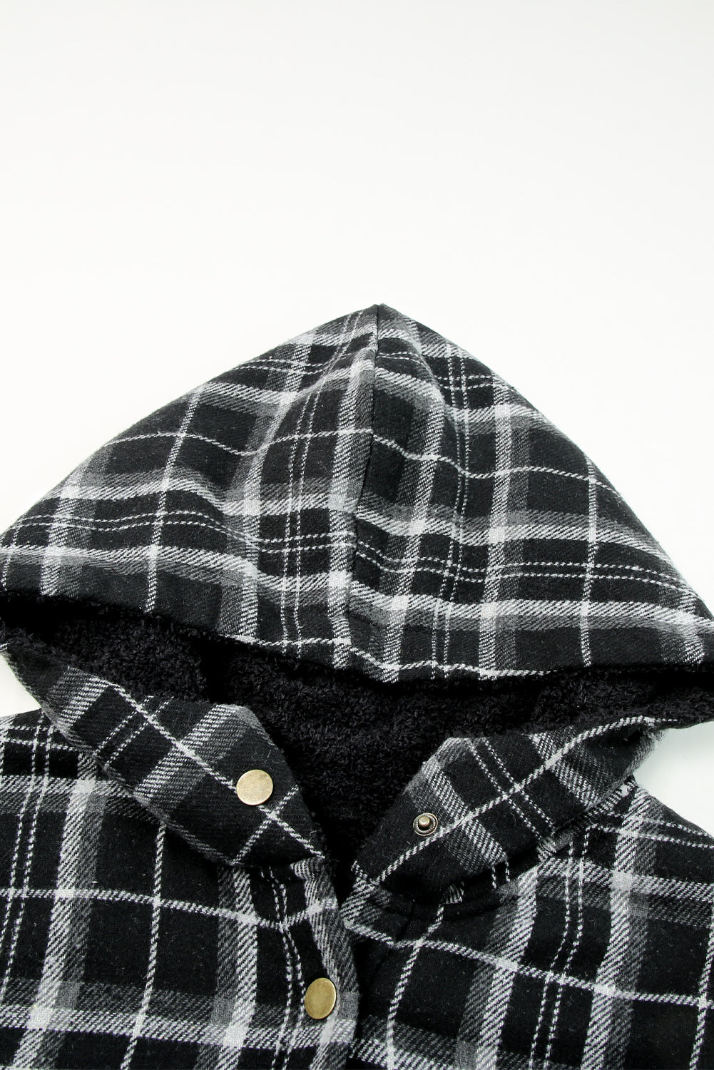 Black Snap Button Sherpa Lined Hooded Flannel Jacket