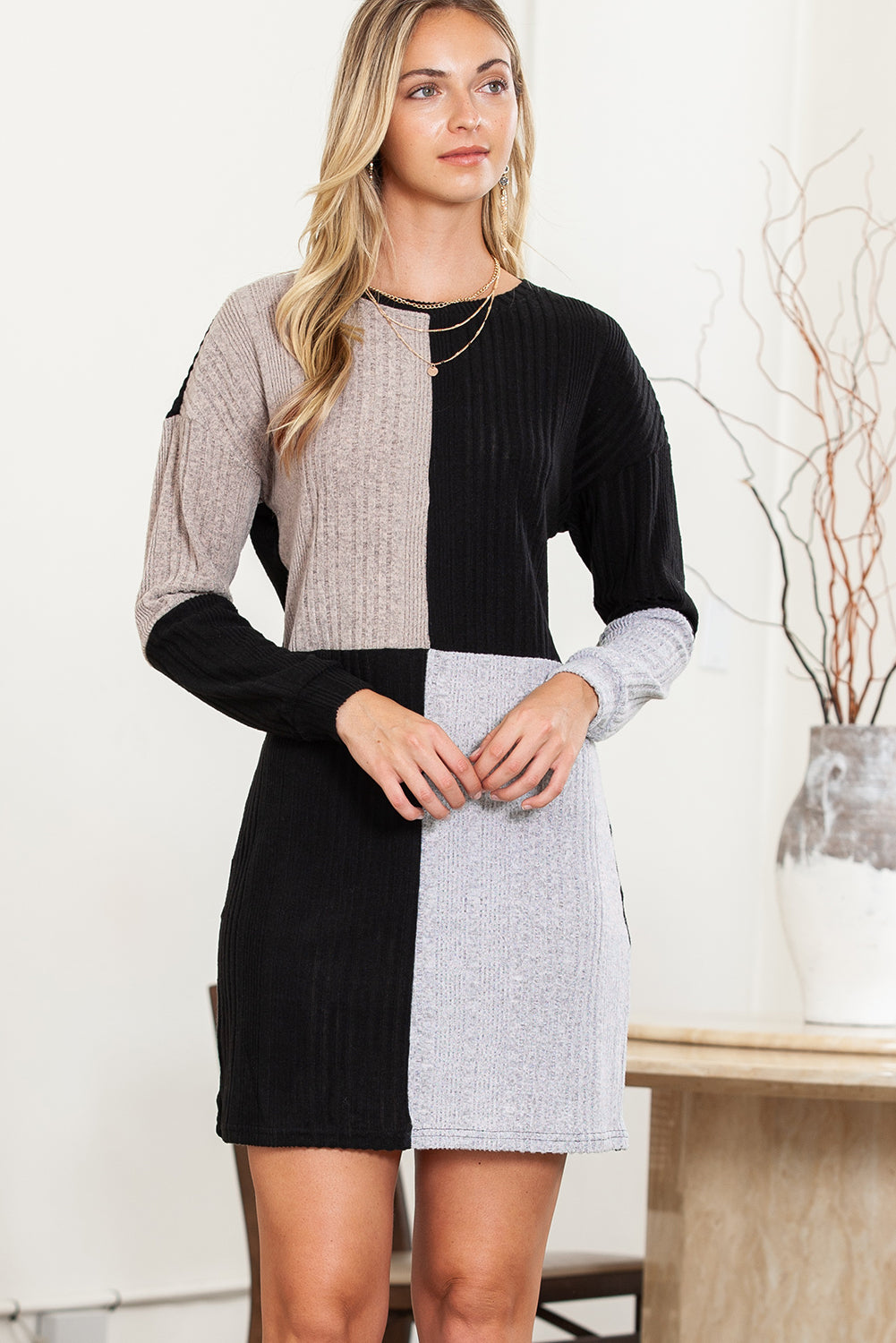 Black Ribbed Color Block Drop Shoulder Long Sleeve Mini Dress