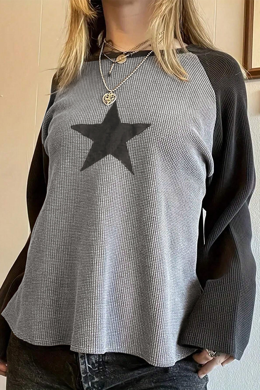 High-rise Waffle Knit Star Graphic Raglan Sleeve Top