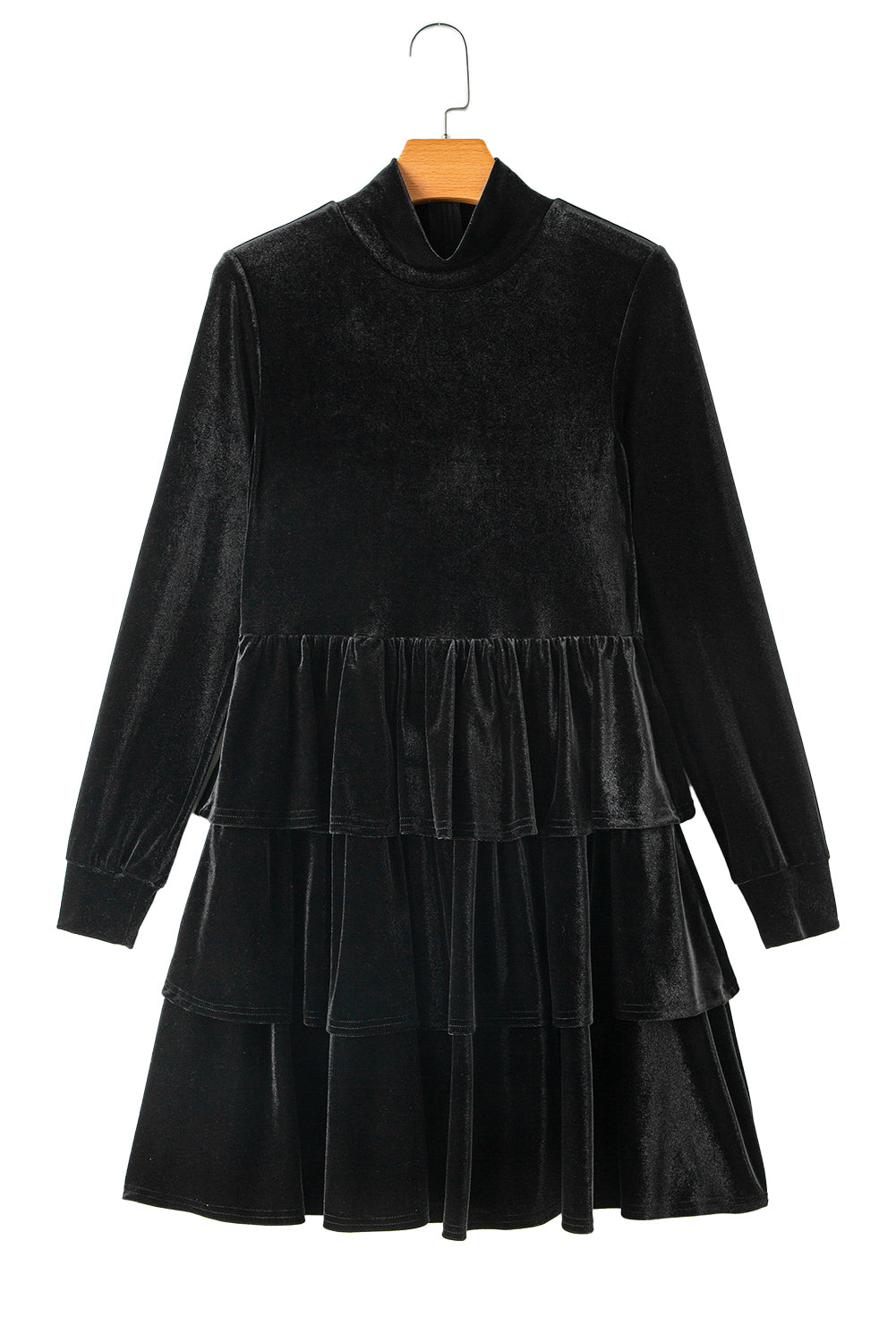 Black Velvet High Neck Tiered Ruffle Mini Dress