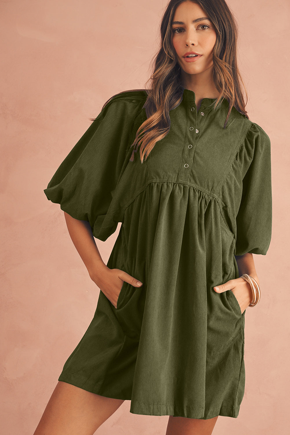 Vineyard Green Snap Button Empire Waist Lantern Sleeve Corduroy Dress