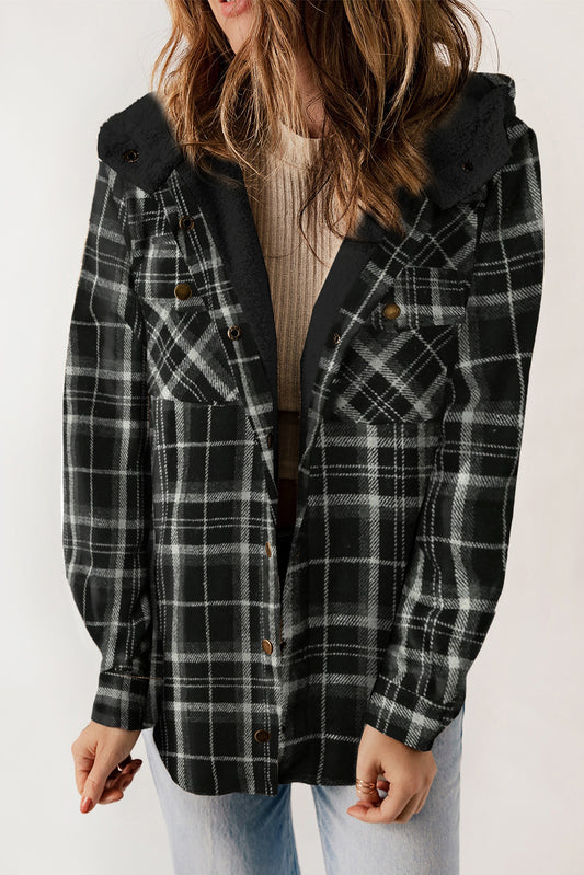 Black Snap Button Sherpa Lined Hooded Flannel Jacket