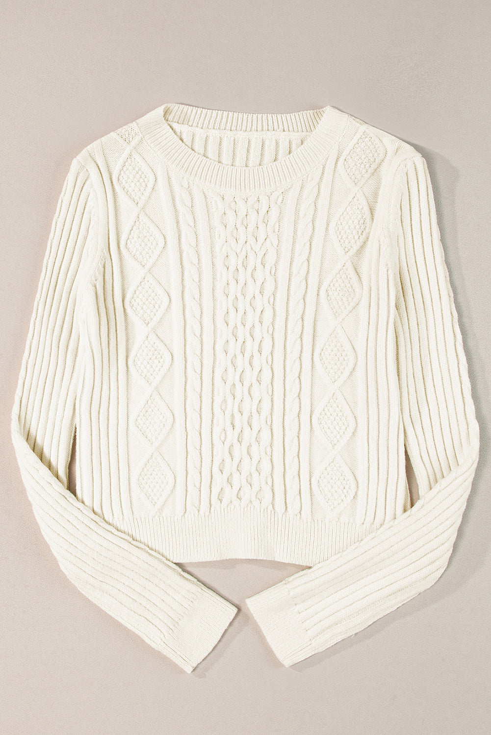 White Solid Color Cable Knit Cropped Sweater