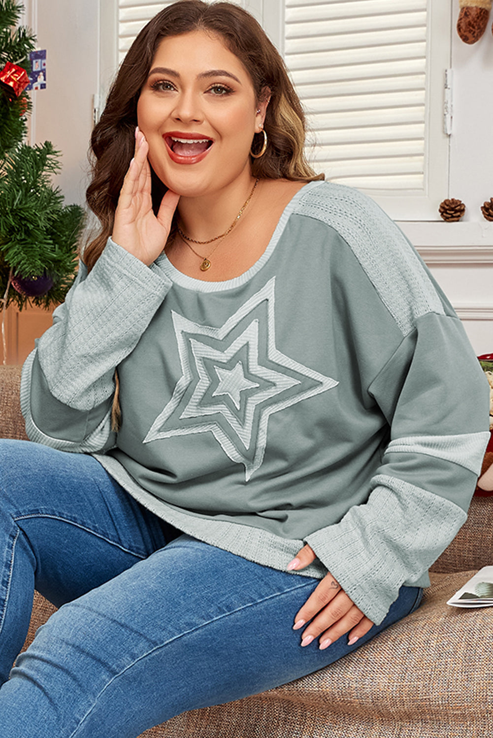 Mist Green Stars Patchwork Round Neck Plus Size Top