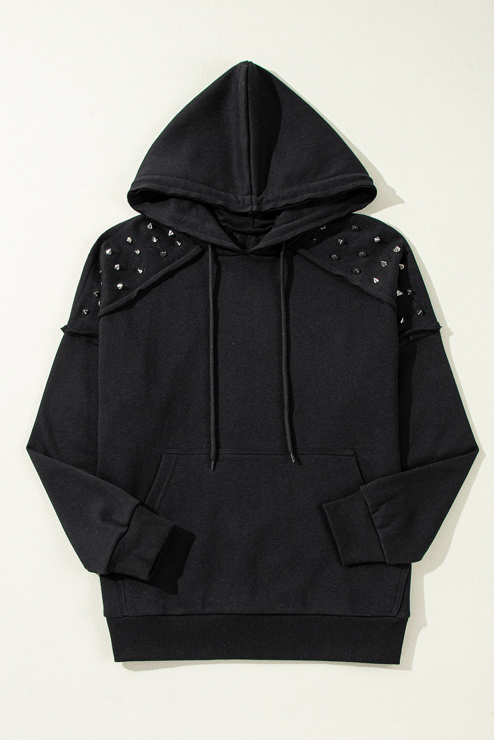 Black Stud Detail Kangaroo Pocket Drawstring Hoodie