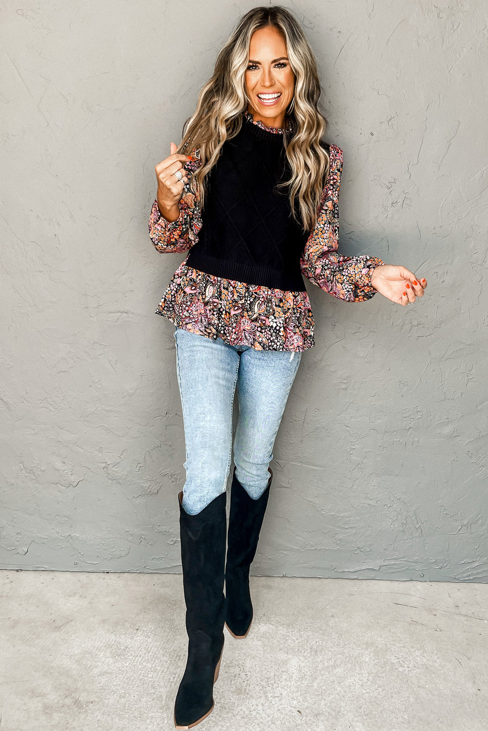 Black Cable Knit Contrast Floral Sleeve Peplum Sweater