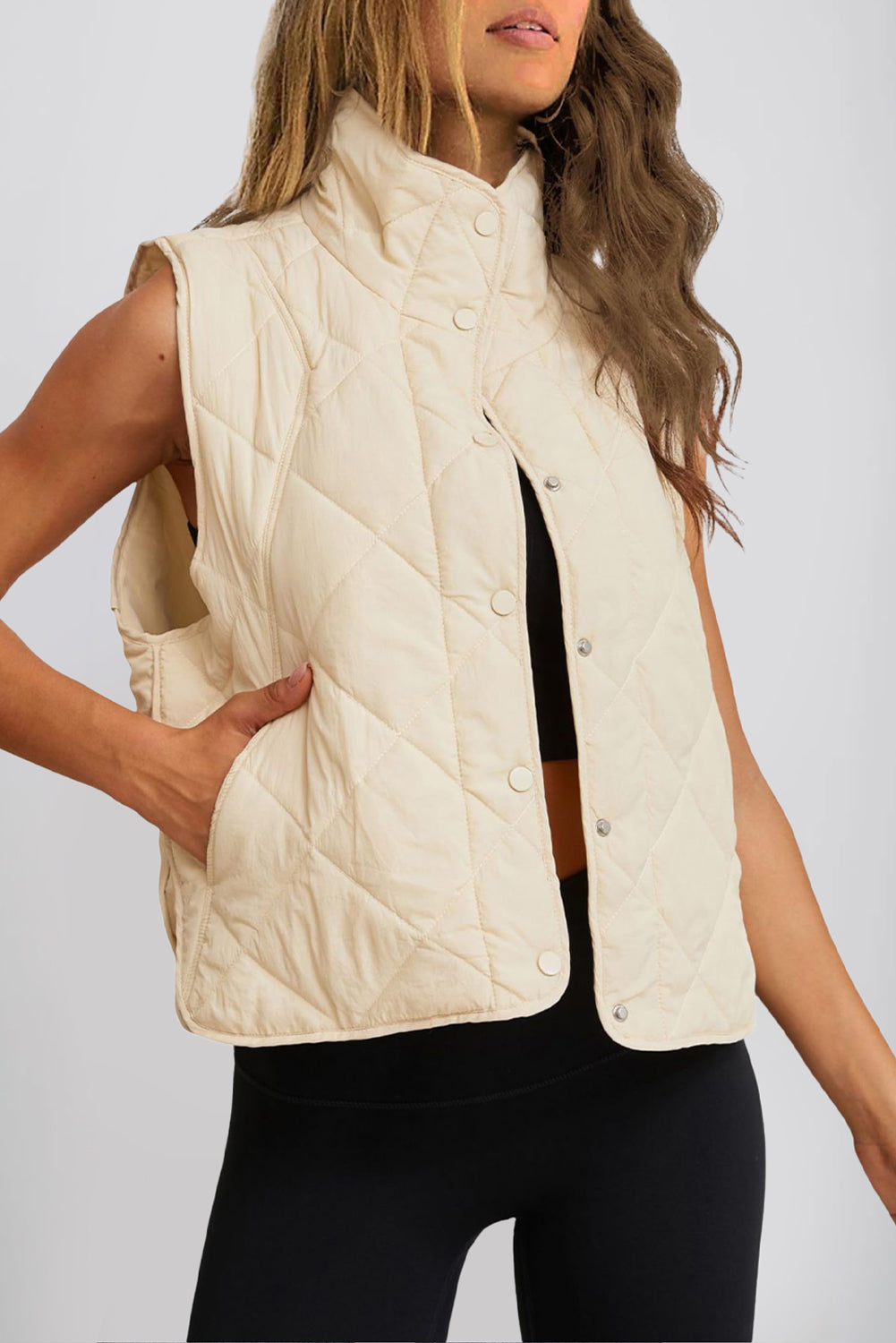 Black Quilted High Neck Button Up Pocket Vest Coat