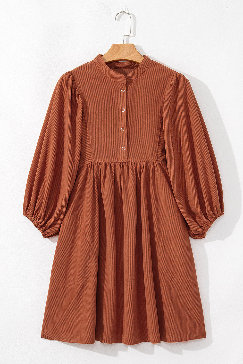 Vineyard Green Snap Button Empire Waist Lantern Sleeve Corduroy Dress