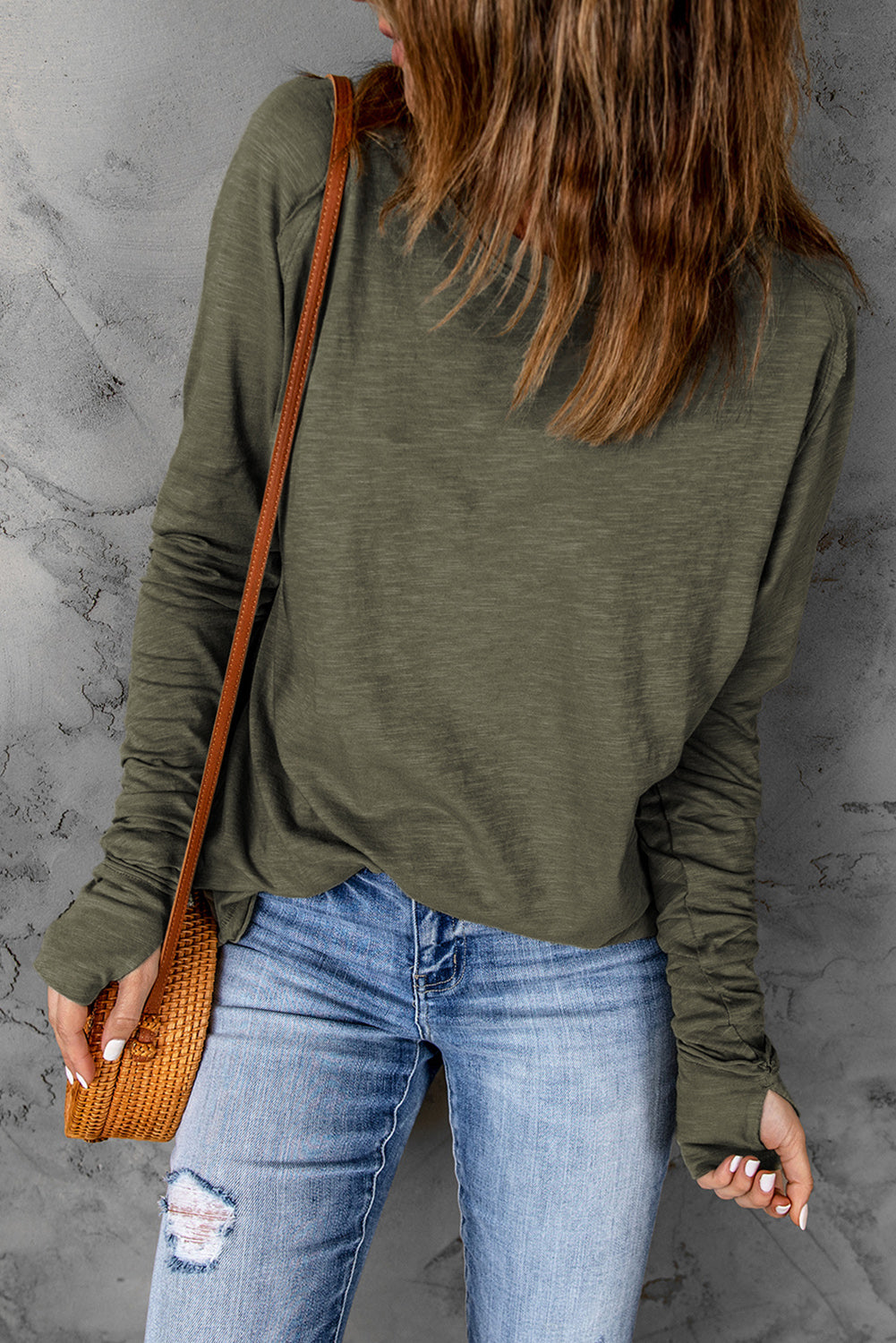 Green Plain Solid Casual Thumbhole Long Sleeve Top