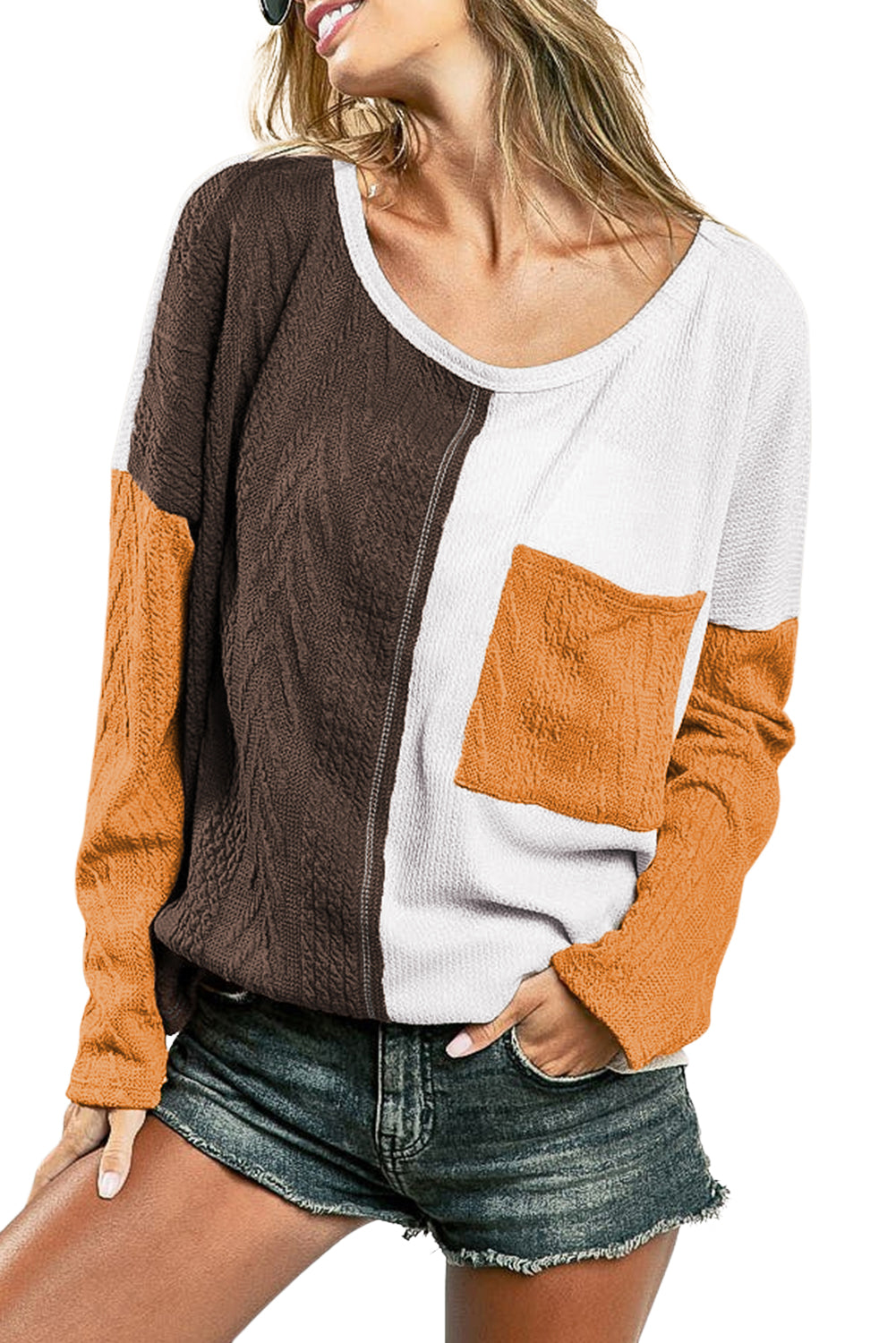 Brown Color Block Textured Chest Pocket Long Sleeve Top