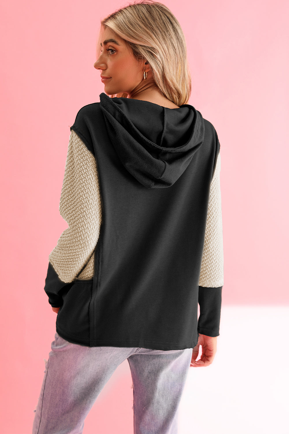 Black Textured Splicing Sleeve Raw Hem Hoodie