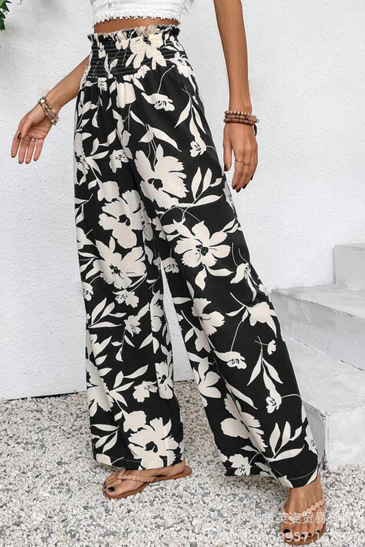 Black Floral Smocked Frill Waist Wide Leg Pants