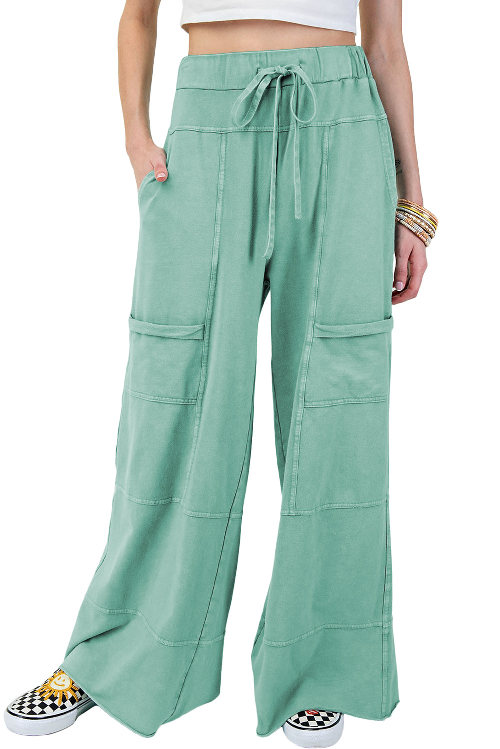 Black Mineral Wash Exposed Seam Wide Leg Cargo Pants