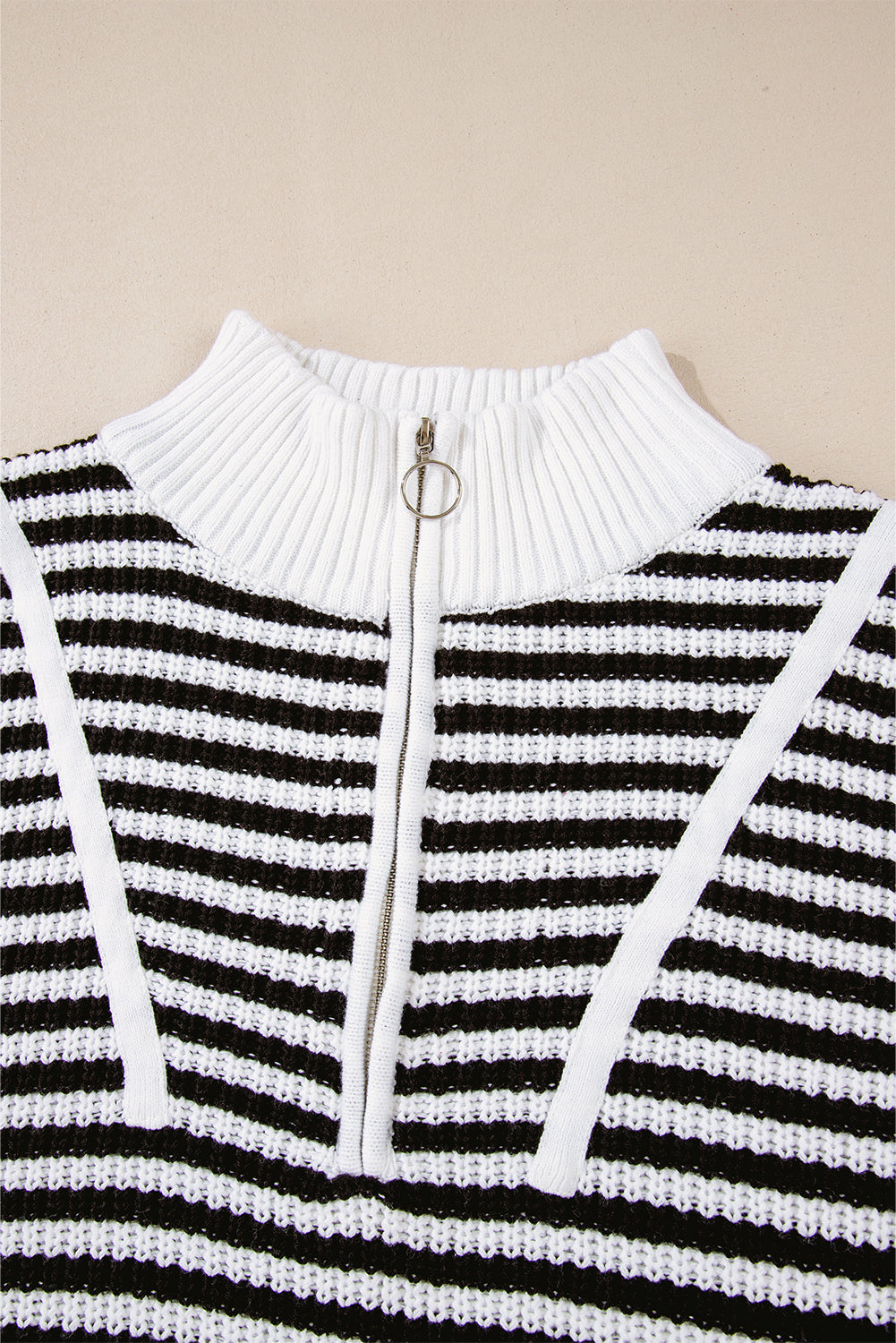 Khaki Stripe Zip Up Collar Drop Sleeve Sweater