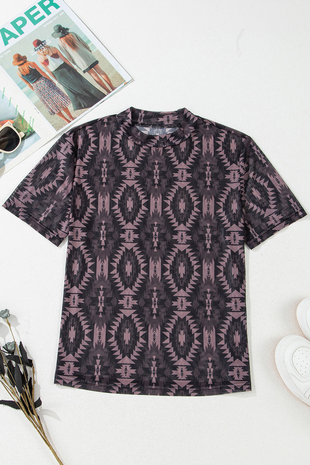 Brown Geometric Print Mock Neck Short Sleeve Mesh T Shirt