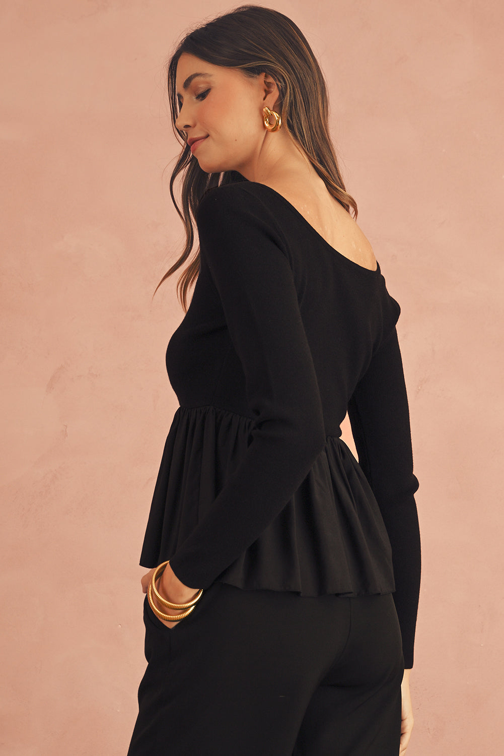 Black Pleated Hem Long Sleeve Ribbed Knit Top