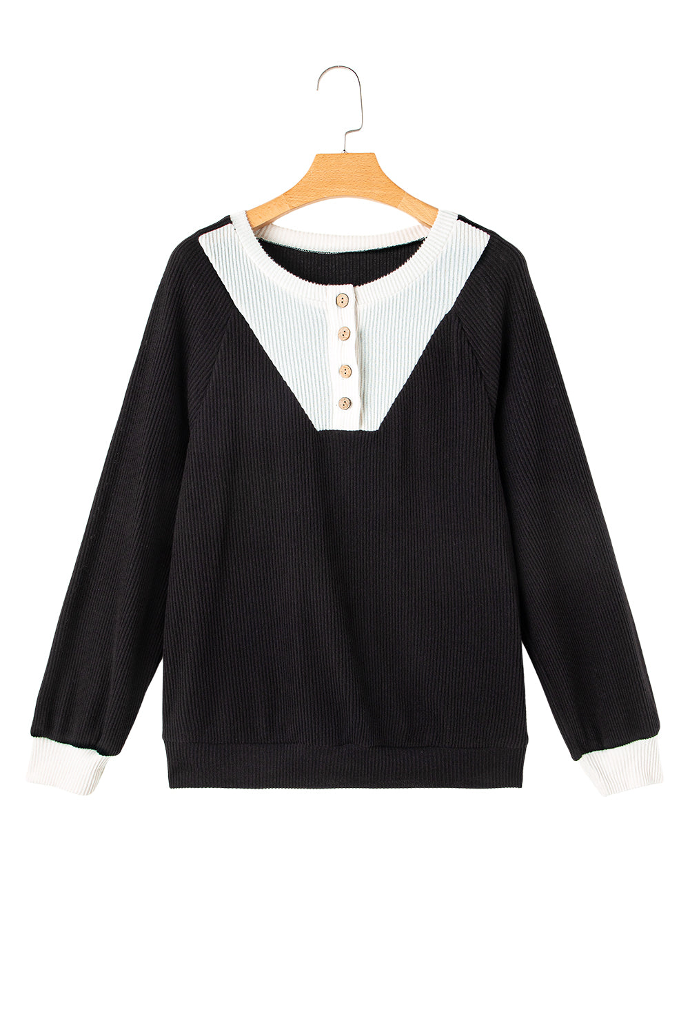 Black Contrast Ribbed Loose Fit Henley Top