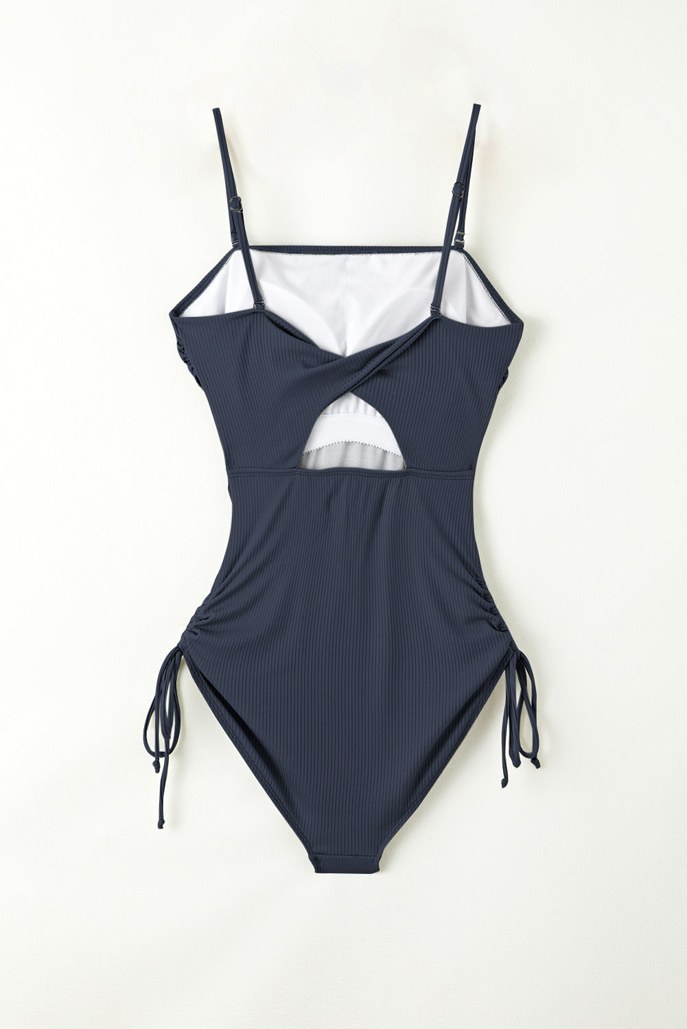 Coffee Side Drawstring Cutout Ribbed One Piece Swimsuit