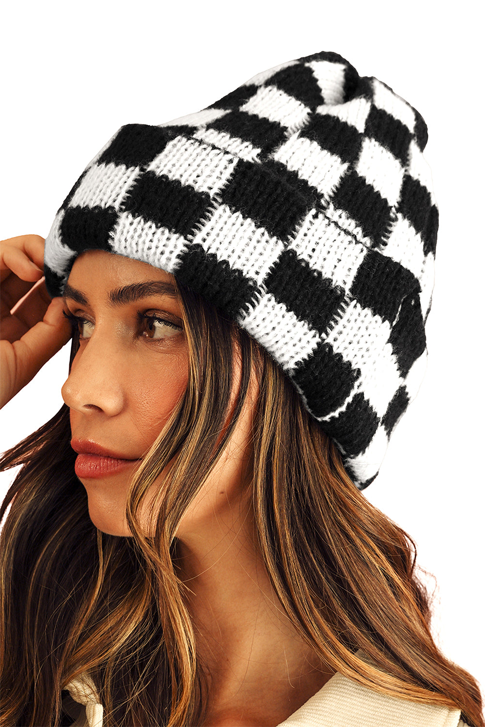 Black Two Tone Checkered Folded Eaveless Beanie Cap