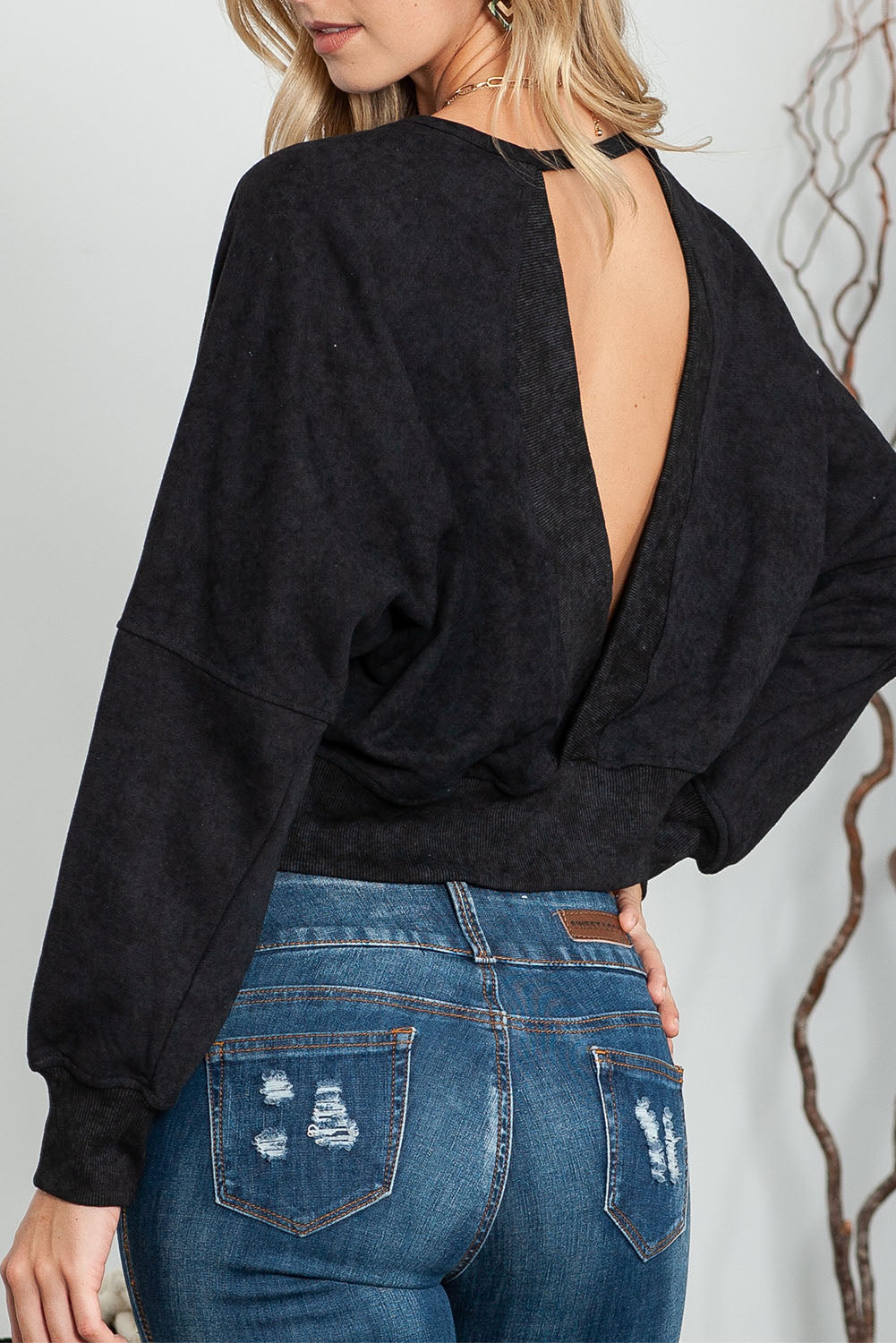 Black Casual One Strap V-shape Open Back Sweatshirt