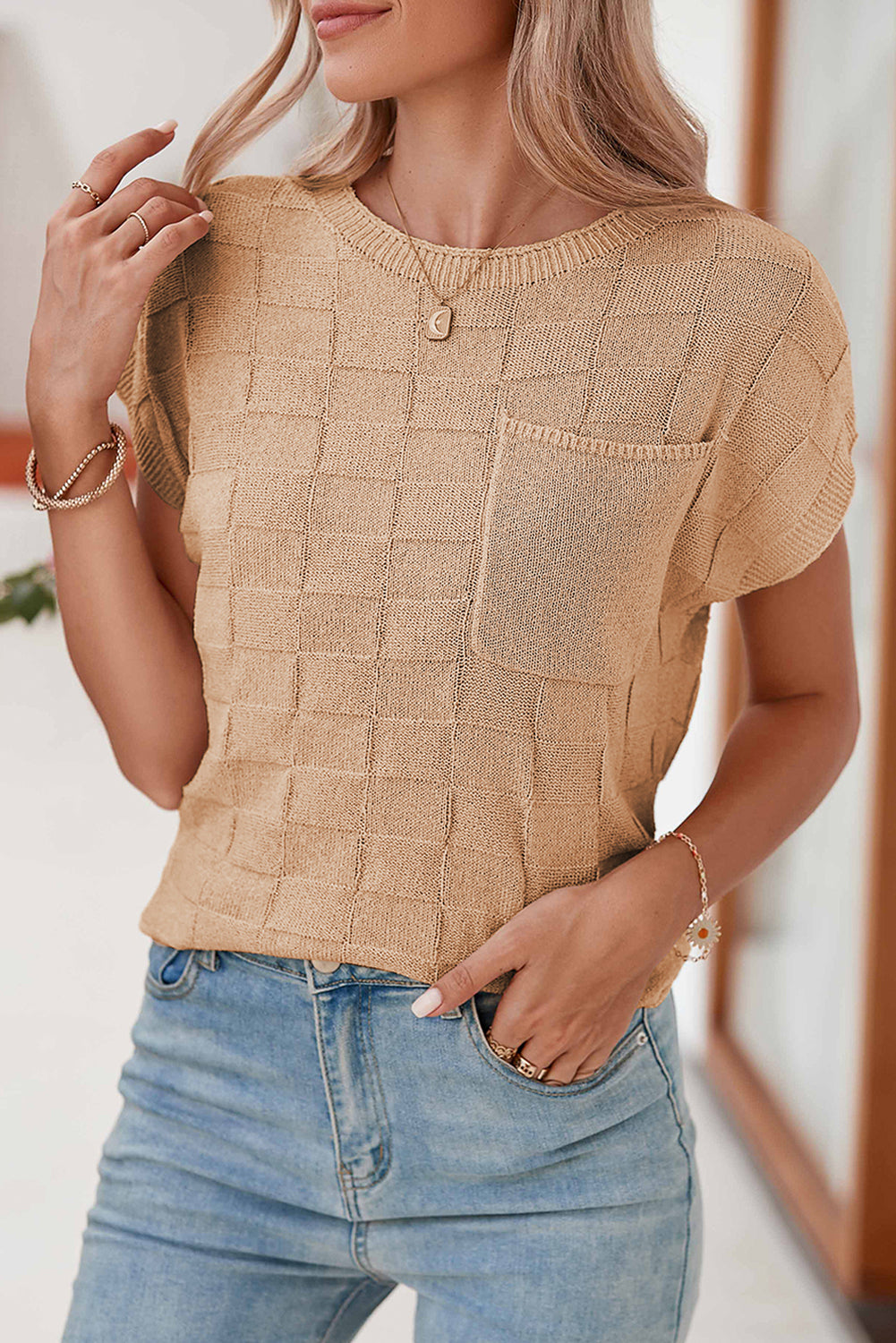 Black Lattice Textured Knit Short Sleeve Baggy Top