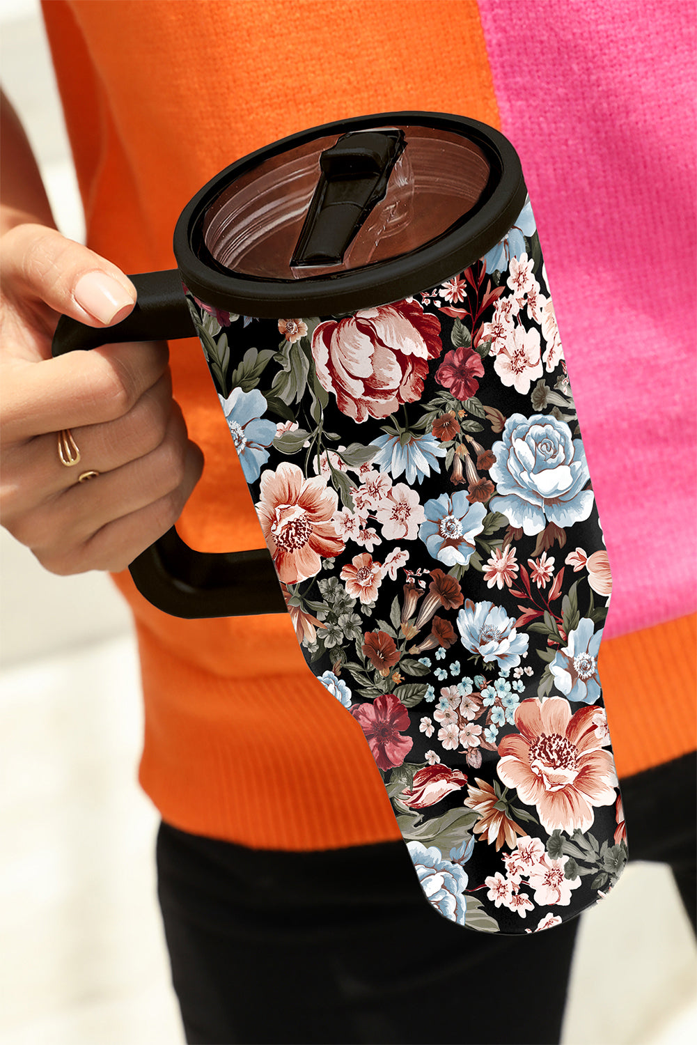 Black Boho Floral Tumbler Cup