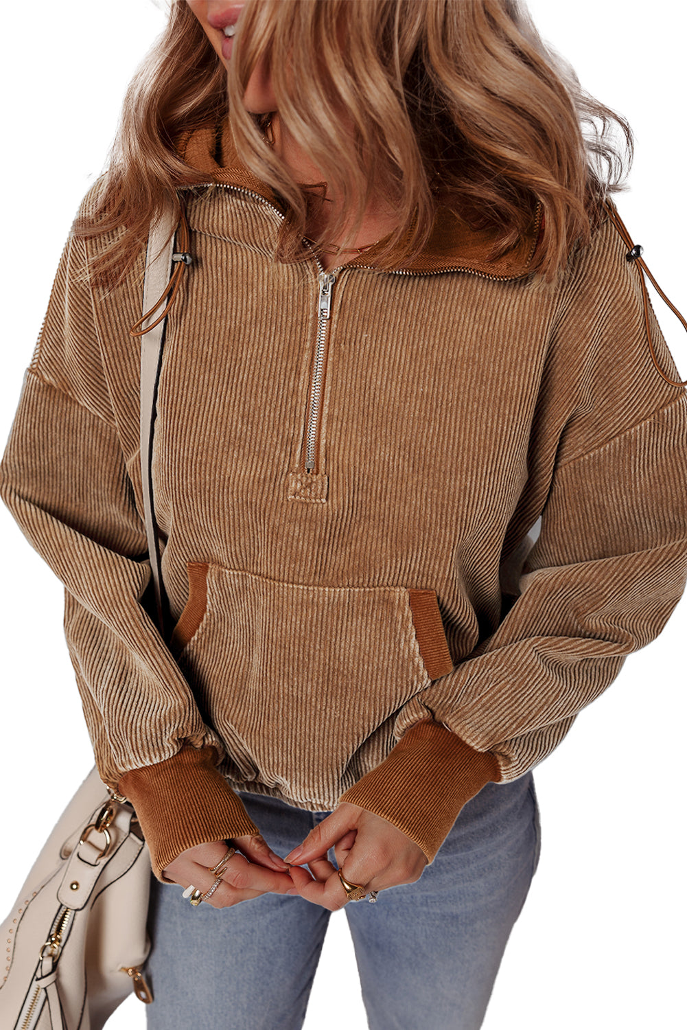 Chestnut Half Zipper Kangaroo Pocket Drawstring Corduroy Hoodie