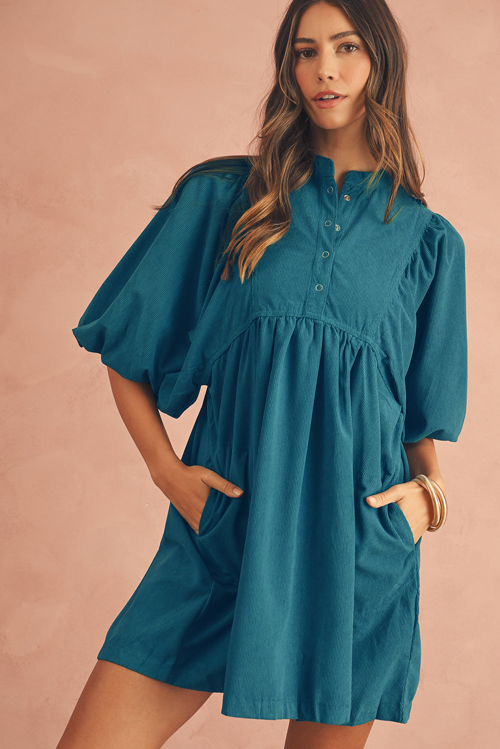 Vineyard Green Snap Button Empire Waist Lantern Sleeve Corduroy Dress